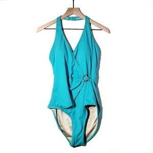 Tropical Escape Faux Wrap One Piece‎ Swimsuit 14 Teal Blue Retro 80s Inspired